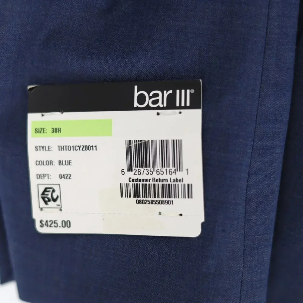 Bar III Men's Solid Blue Wool-Blend Slim Wrinkle-Resistant Suit Jacket Size 38R
